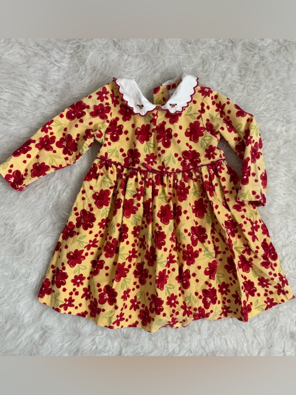 Little Me Vintage Style Yellow Corduroy Baby Girl Dress with Red Floral AOP